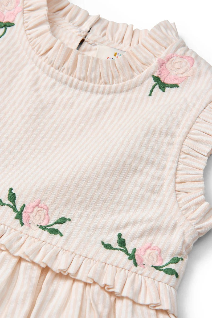 SEERSUCKER DRESS W. RUFFLES AND EMB.  Dusty Rose W Cream Stripe
