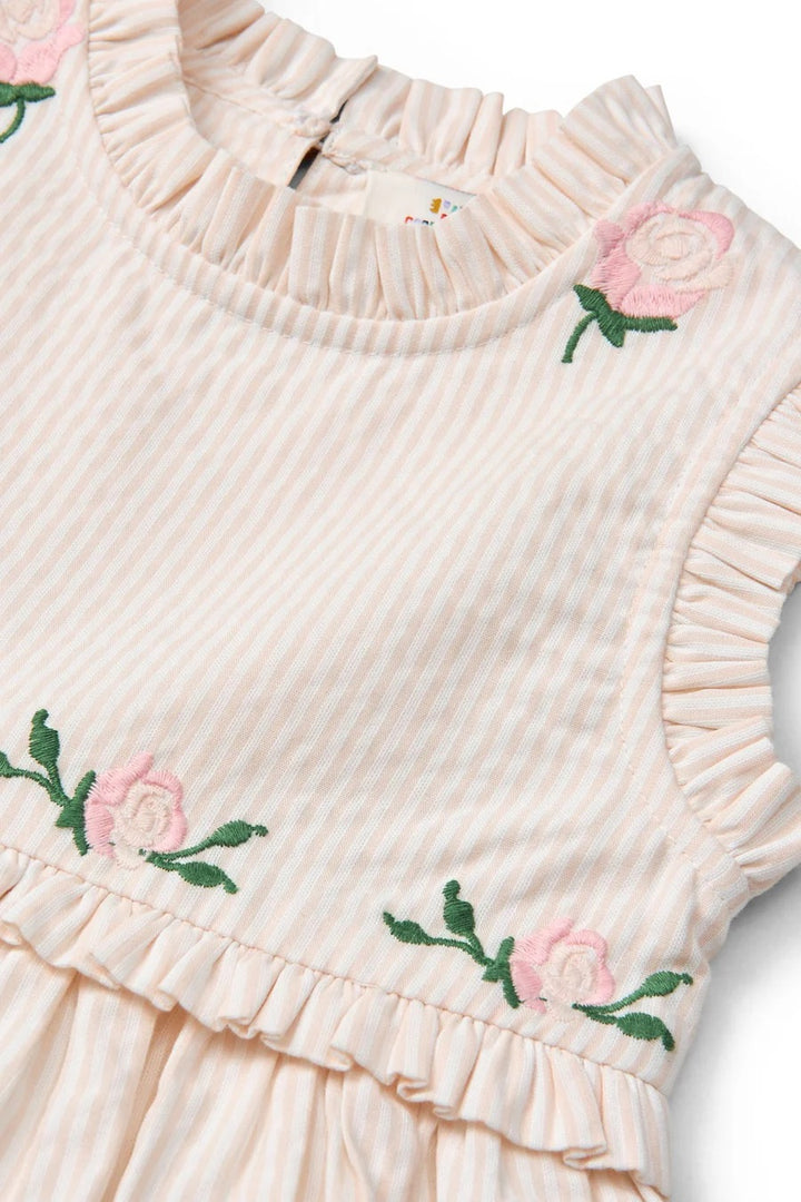 SEERSUCKER DRESS W. RUFFLES AND EMB.  Dusty Rose W Cream Stripe