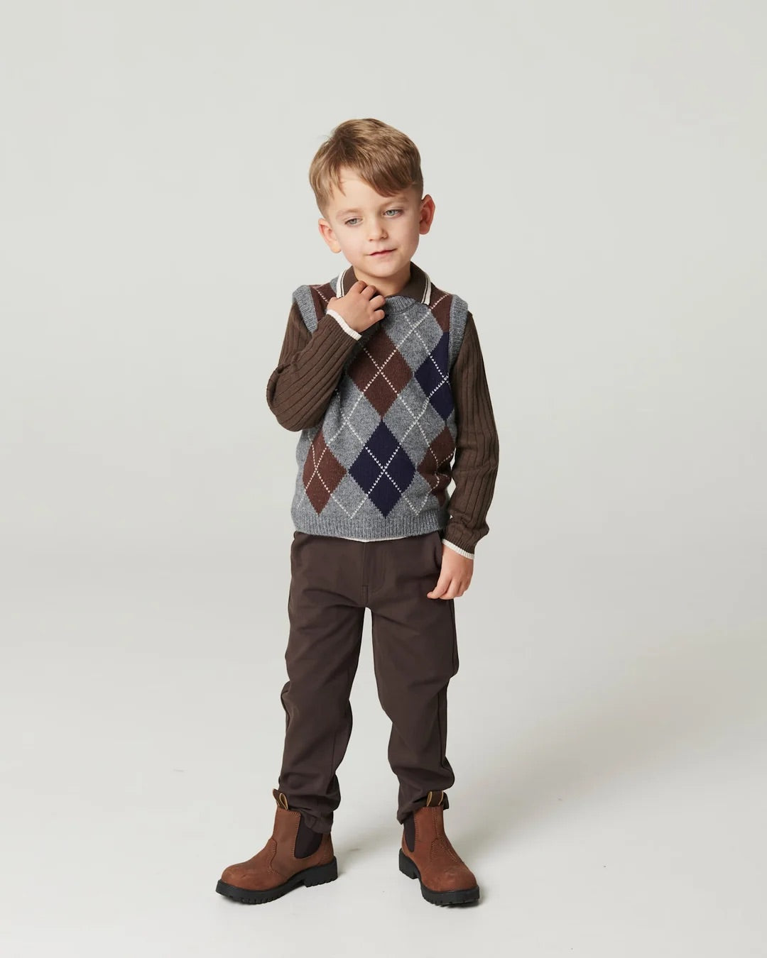 ARGYLE KNITTED VEST  Grey Mel/ Dk Brown/ Navy Comb