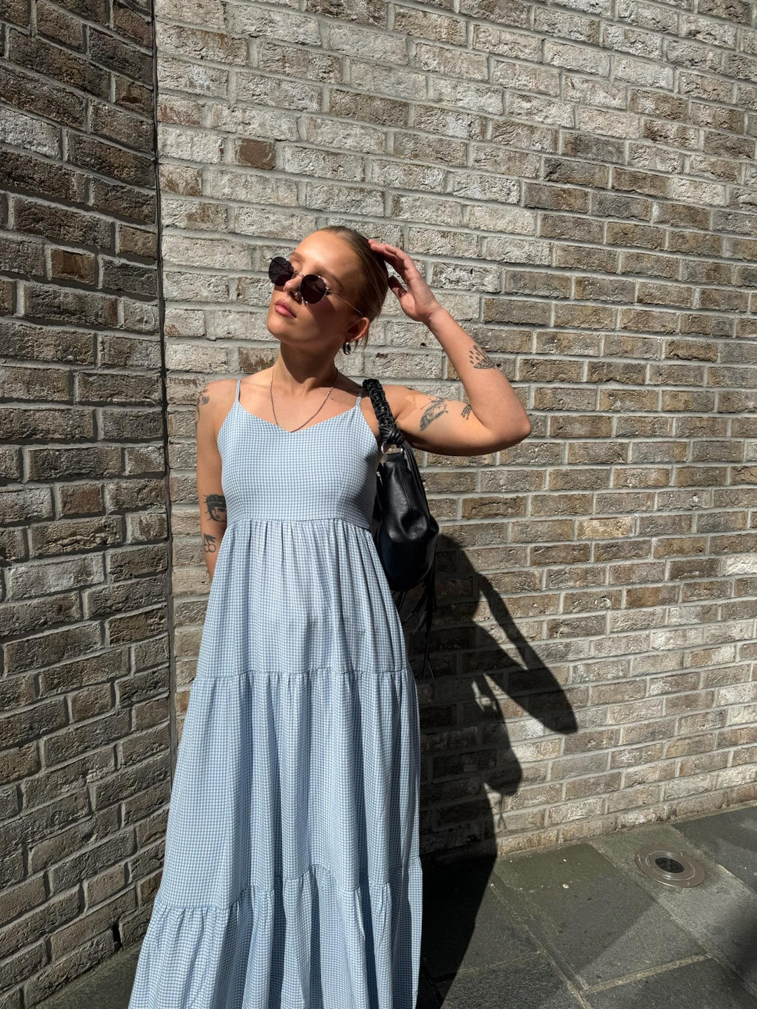 Mari Long Dress  Lt. Blue Checked