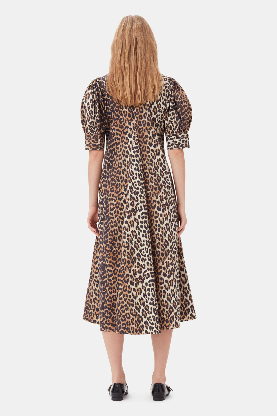 Printed Cotton Poplin V-neck Long Dress  Leopard