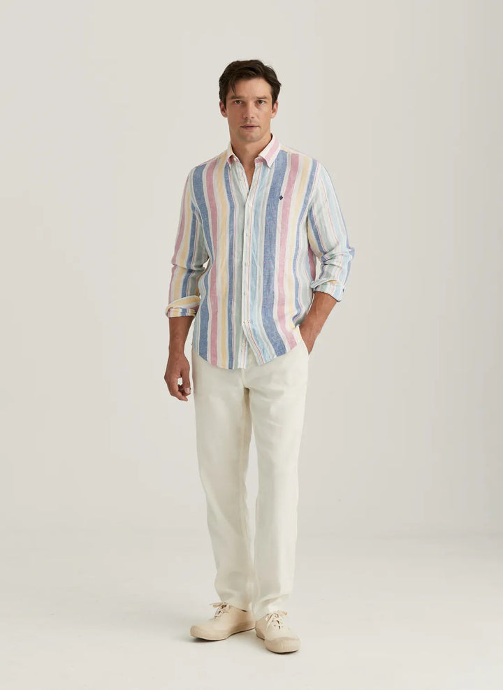 Linen Happy Stripe Shirt-Classic Fit  Light Blue