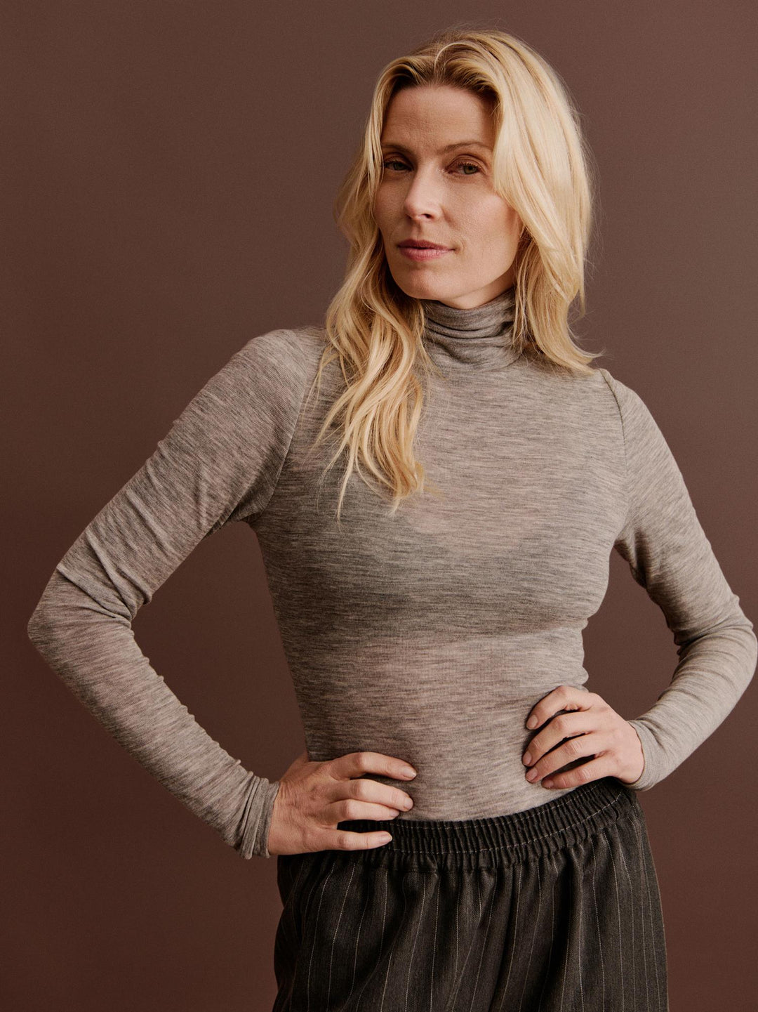 RWSara LS Roll-neck Regular T-shirt  Light Grey Melange