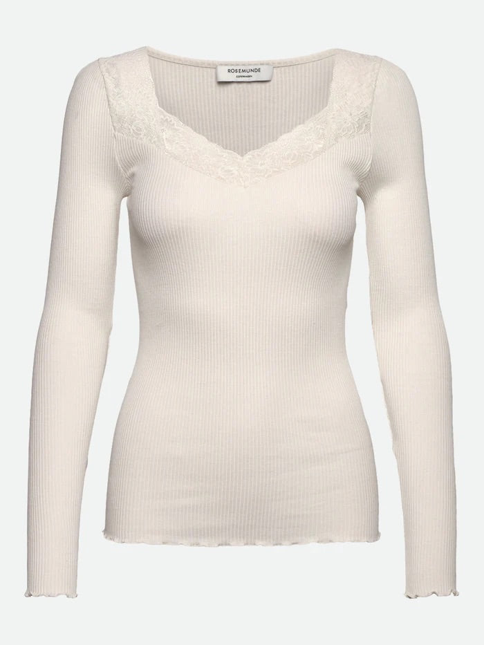 RWBeatha Silk LS V-neck Lace T-shirt  Ivory