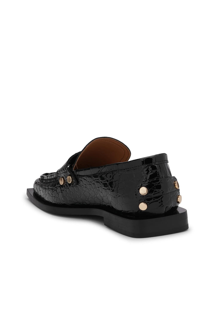 Studs Square Toe Loafer Shiny Croco  Black