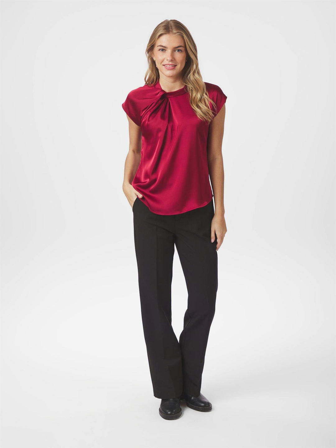 Fleur Drapy Satin Blouse  Wine