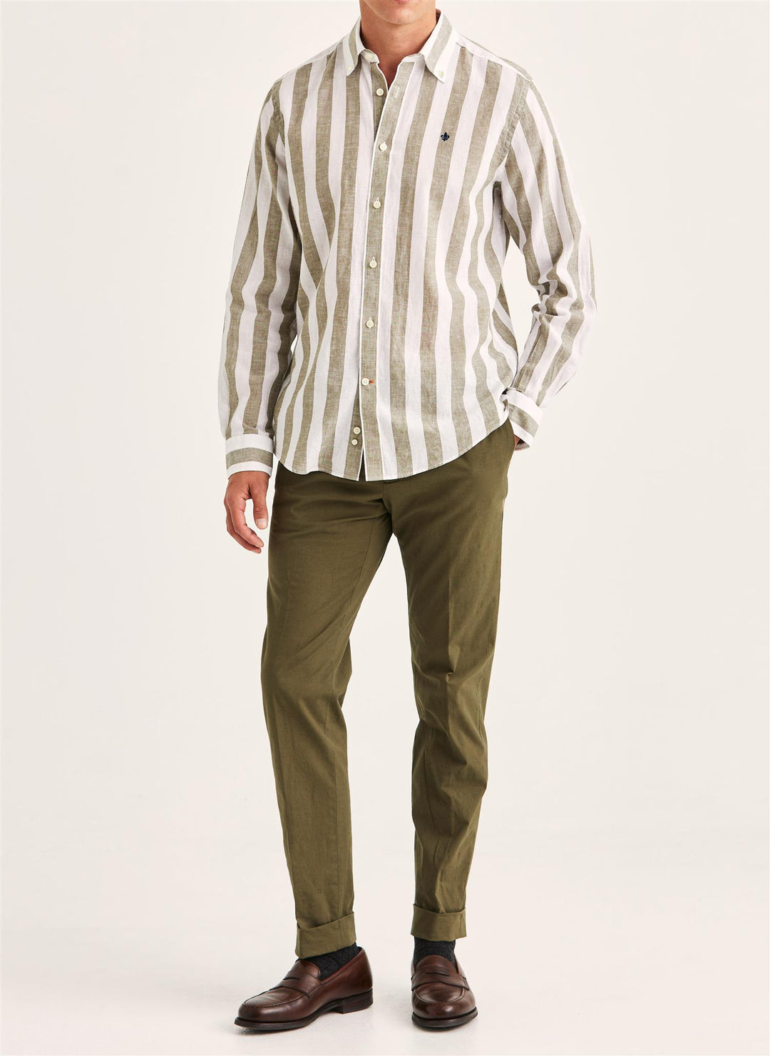 Douglas Linen Mix Stripe Shirt-Classic Fit  Olive