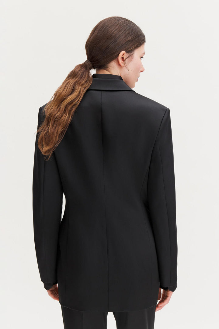slit satin blazer Black