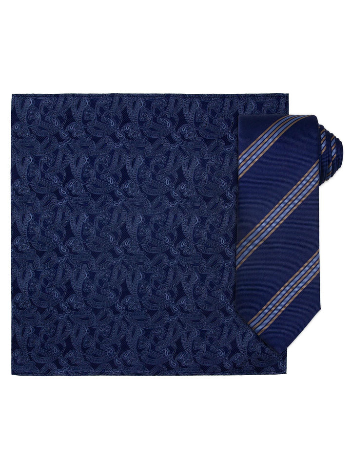 Santi silkeslips+lommetørkle mønstret  Jeans Blå