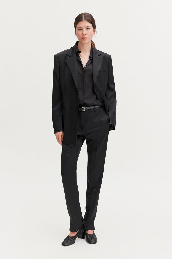 slit satin blazer Black