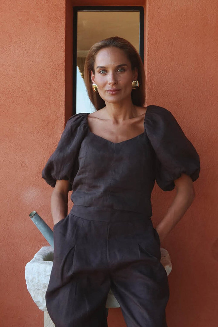 Audrina Linen Top  Coffee