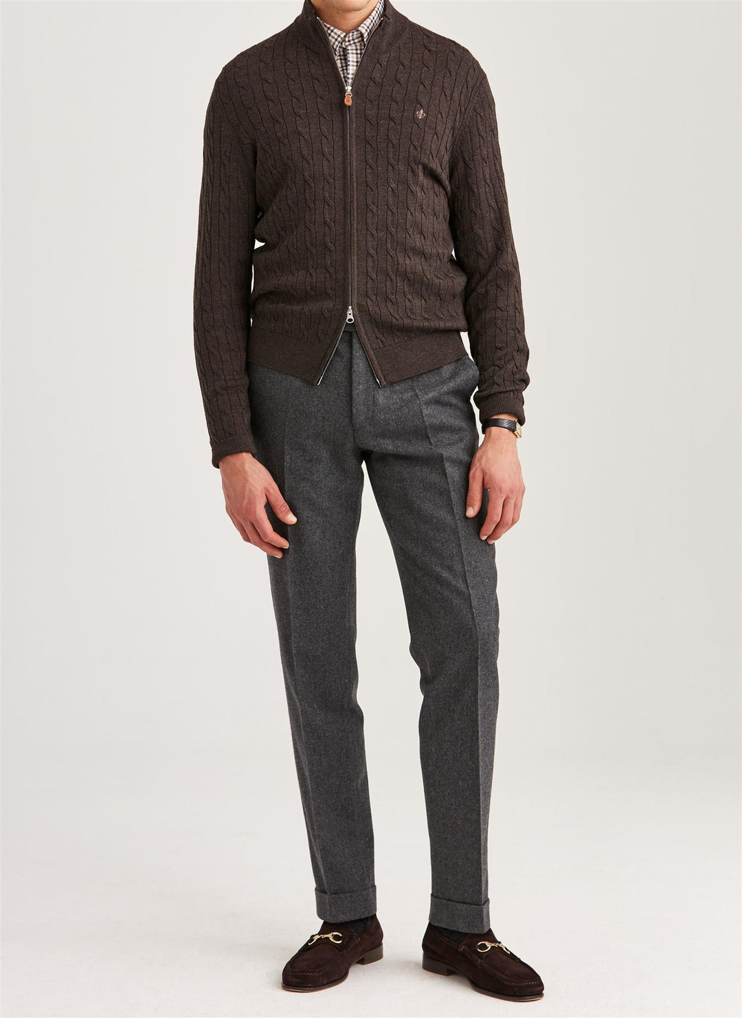 Merino Cable Zip Cardigan  Brown