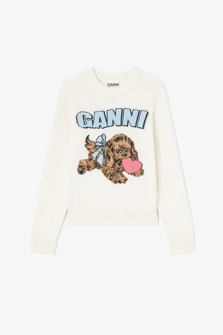Graphic Wool Mix Fluffy Puppy Love Crewneck  Egret