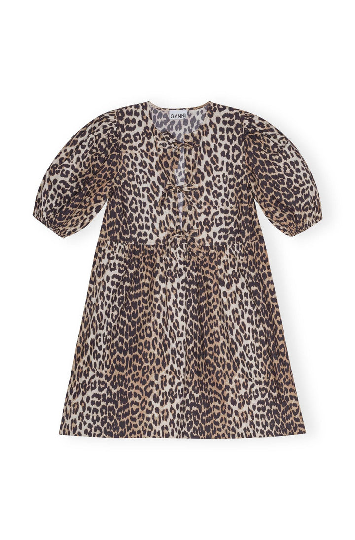 Printed Cotton Tie String Mini Dress  Leopard