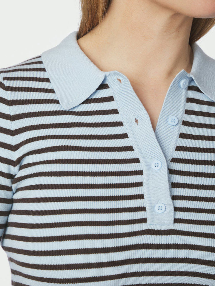 Fannya Ls Striped Knit Polo  Light Blue Stripe