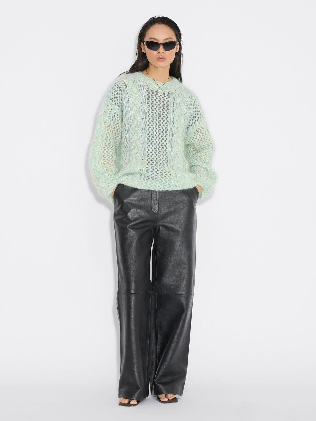 Mohair Cable Knit Crew  Green Mix