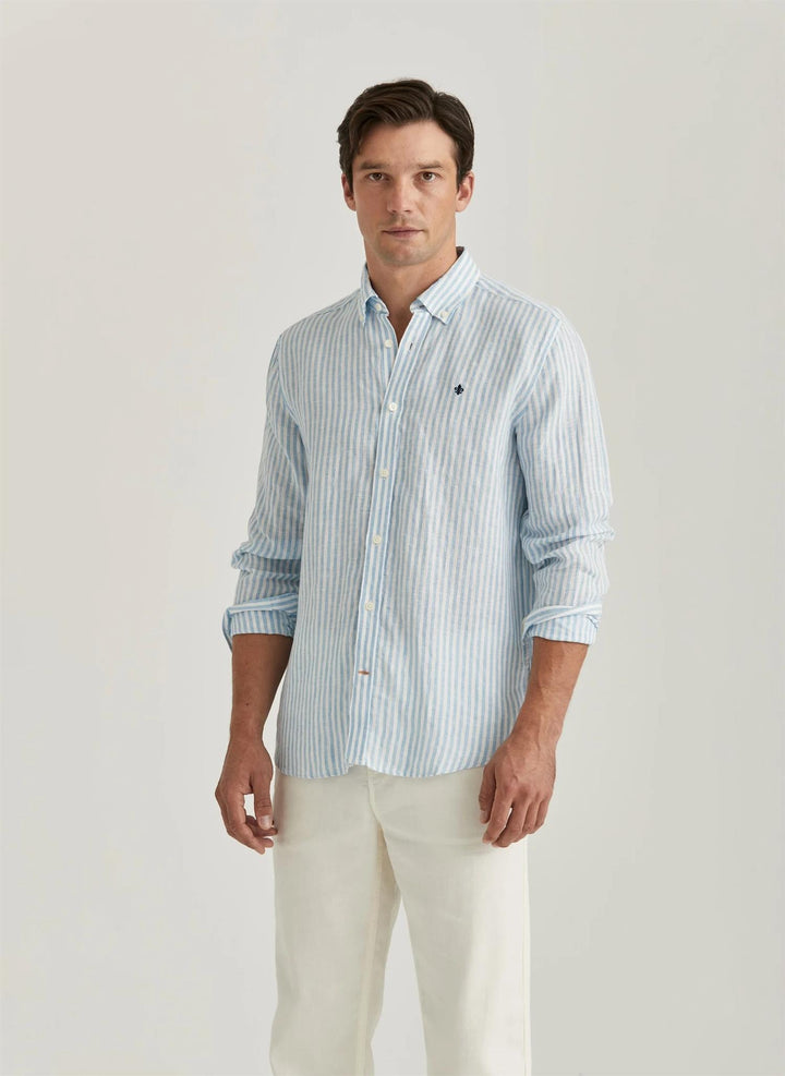 Douglas Linen Stripe Shirt-Classic Fit  Blue