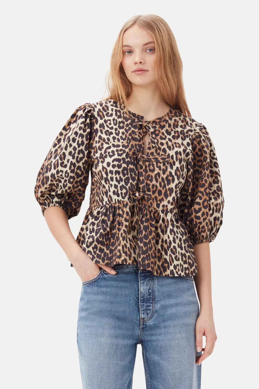 Printed Cotton Poplin Peplum Blouse  Leopard