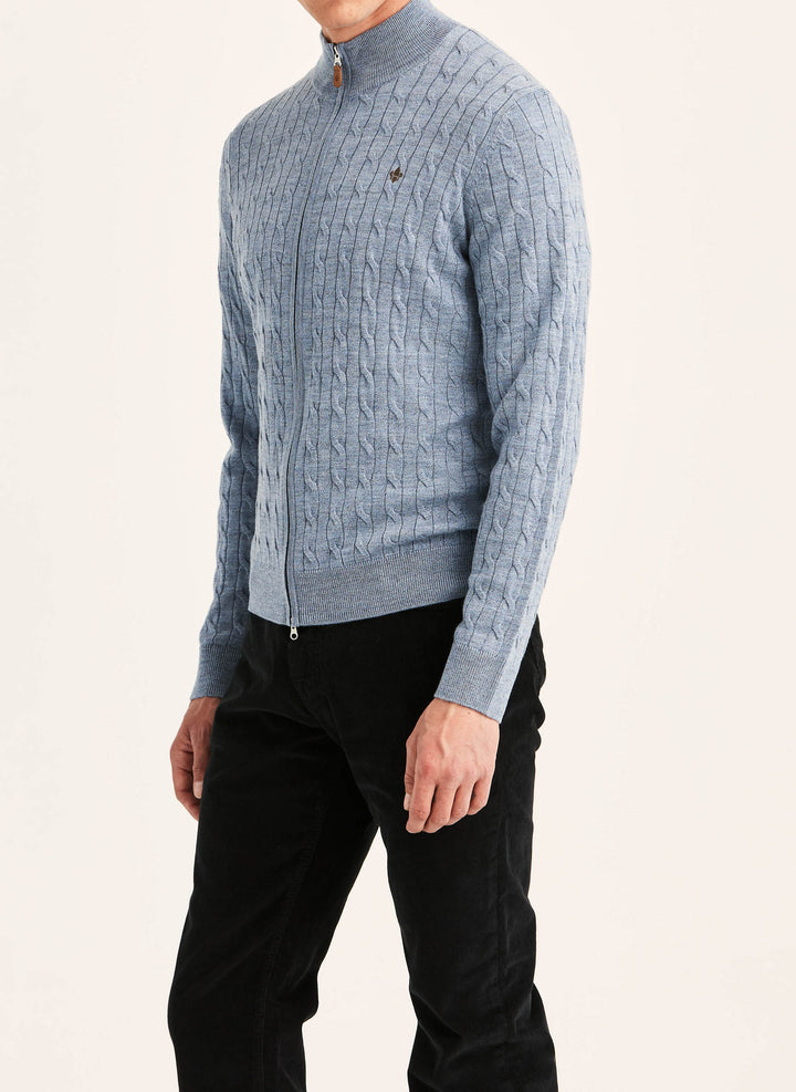 Merino Cable Zip Cardigan Blue