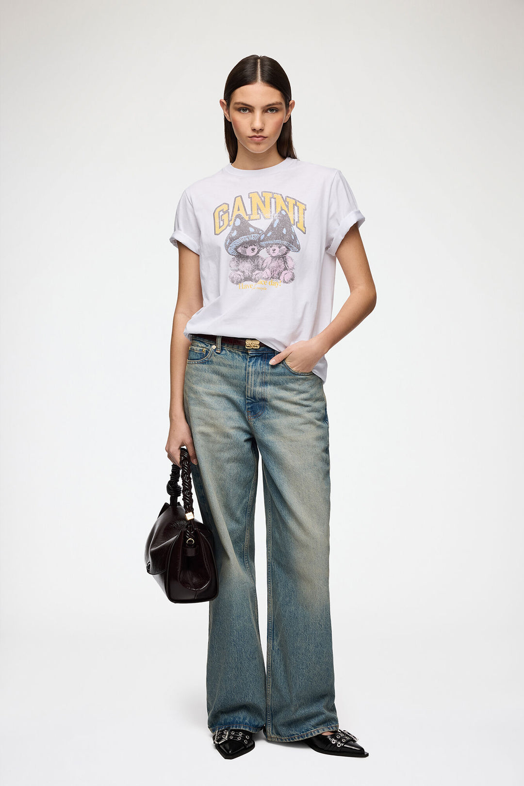 BASIC COTTON RELAXED T-SHIRT TEDDY MUSHROOMS  Bright White