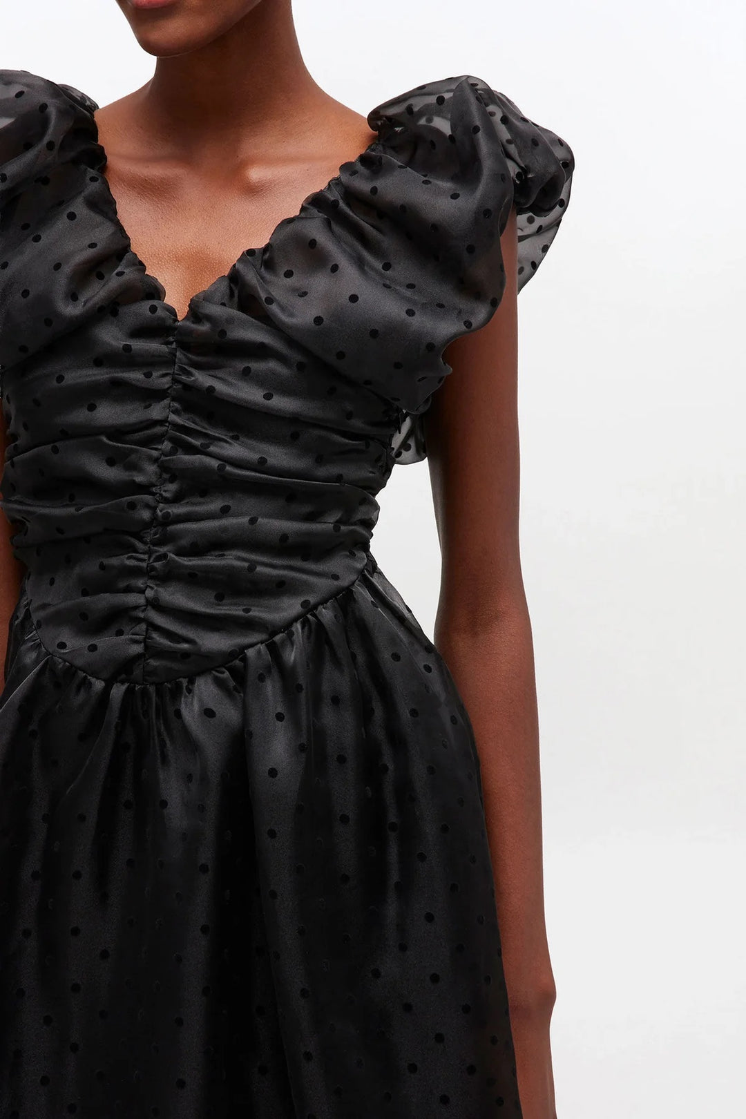 Flocked Organza Long Ruched Dress  Black