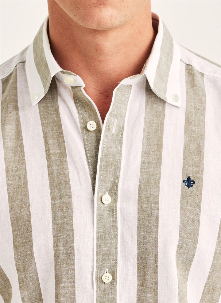Douglas Linen Mix Stripe Shirt-Classic Fit  Olive
