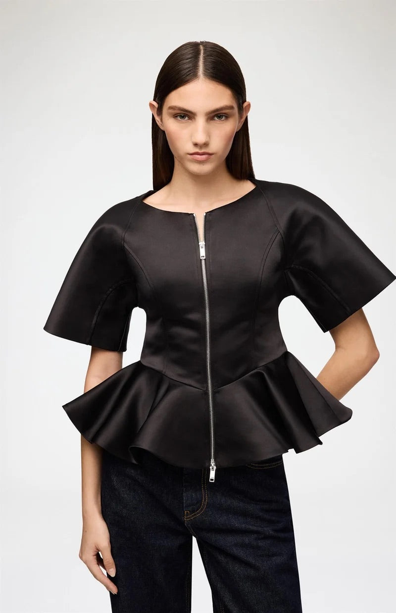 Duchesse Satin Peplum zip blouse Black