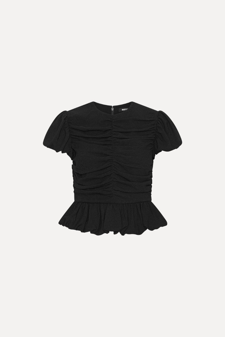 RUCHED PUFF SLEEVE TOP  Black