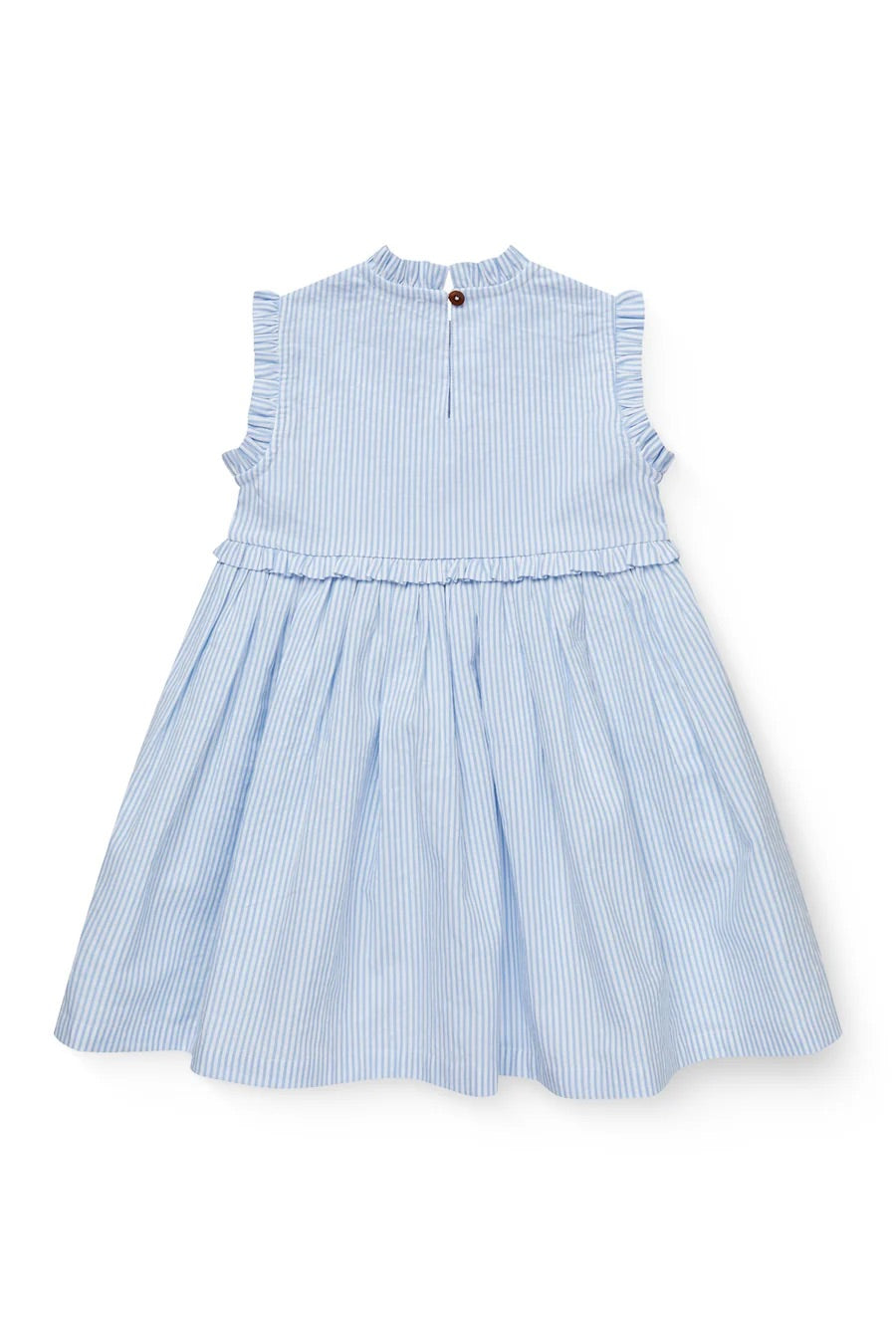 SEERSUCKER DRESS W. RUFFLES AND EMB.  Sky Blue W Cream Stripe