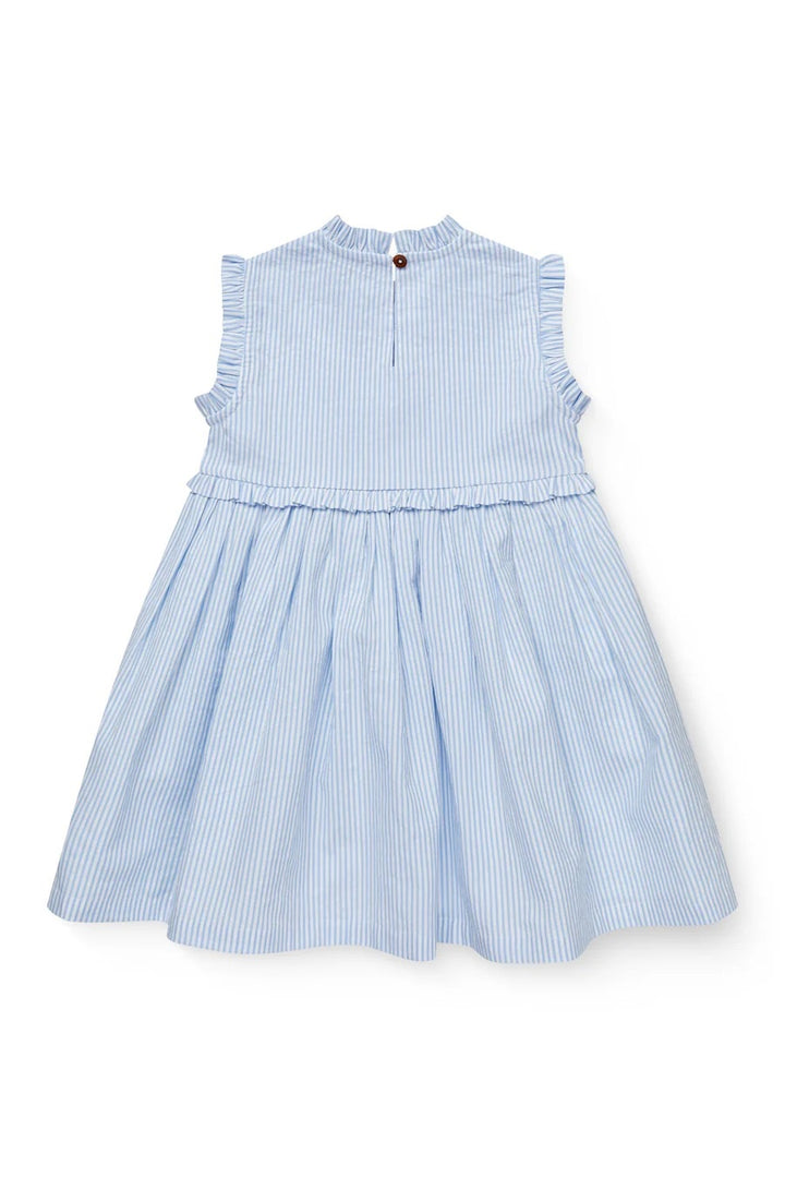 SEERSUCKER DRESS W. RUFFLES AND EMB.  Sky Blue W Cream Stripe
