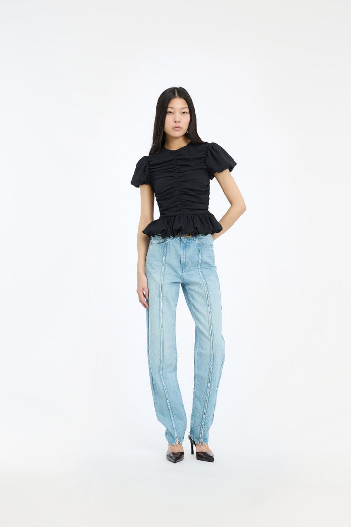 RUCHED PUFF SLEEVE TOP  Black