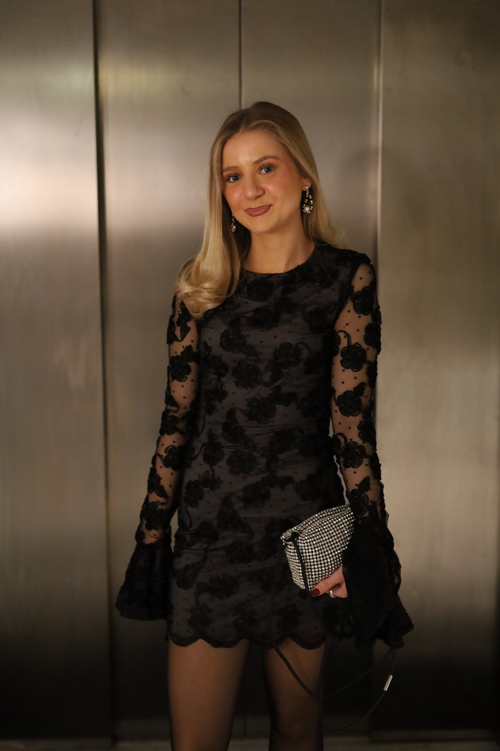 FLOWER MESH LS MINI DRESS Black