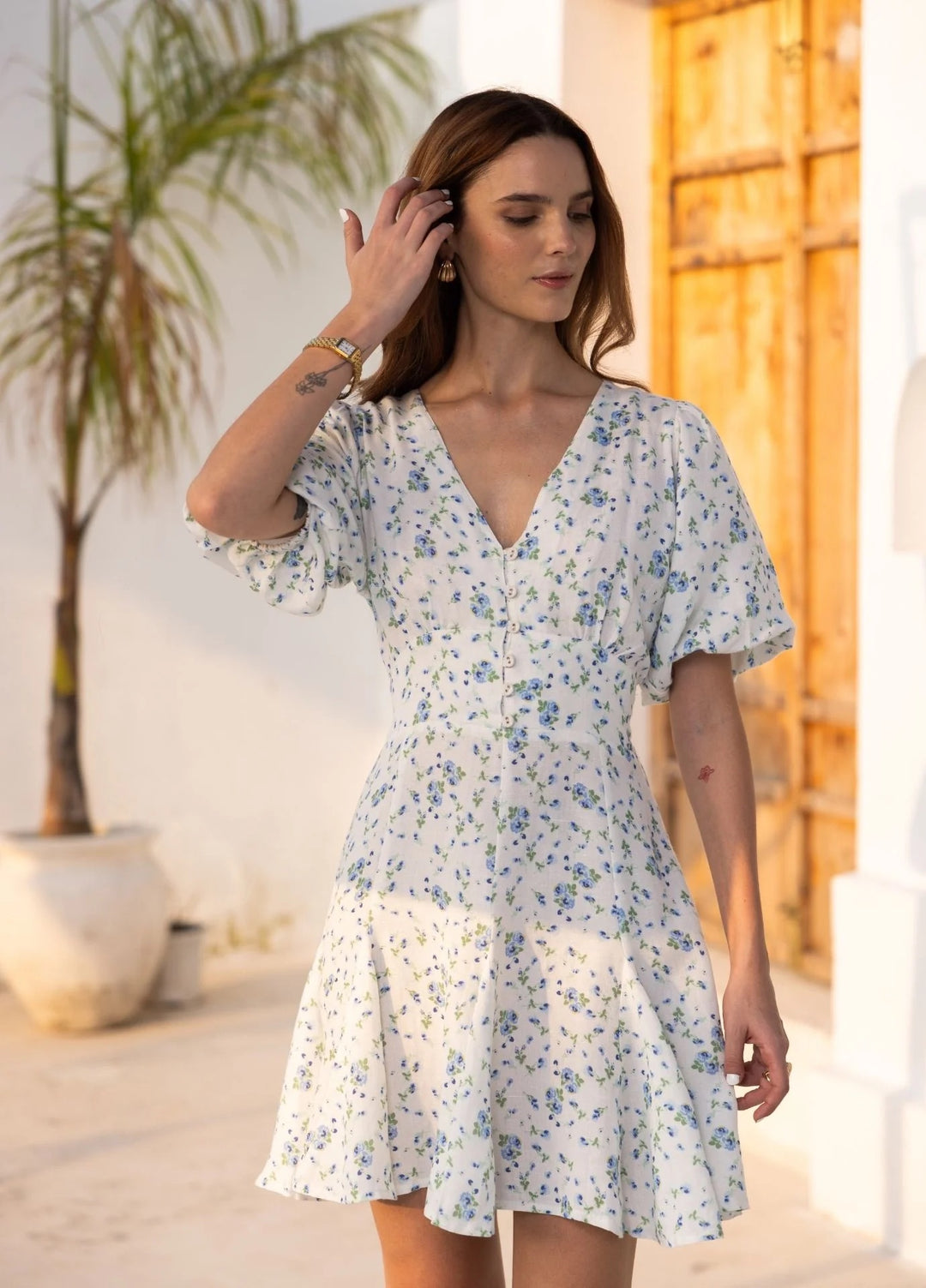 Bianca Dress Blue Fleur Linen  Blue Fleur Linen