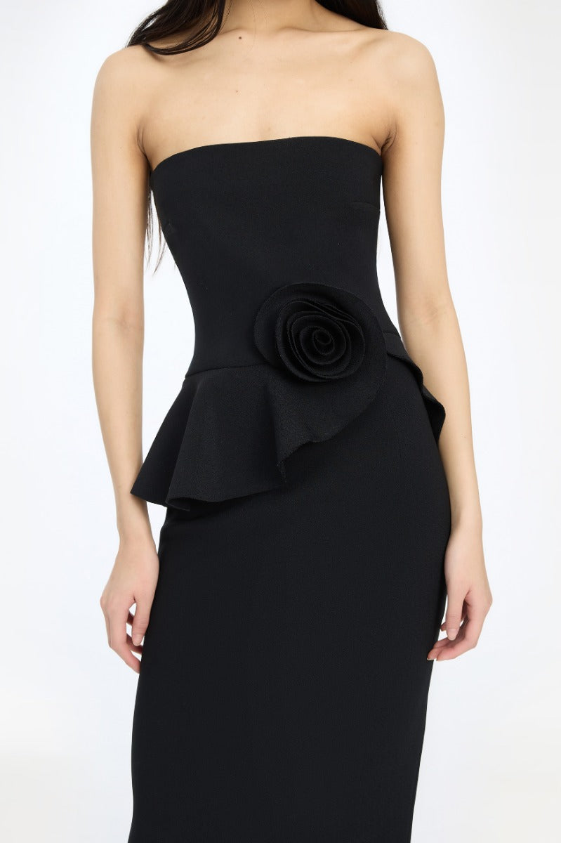LONG FLOWER STRAPLESS DRESS  Black