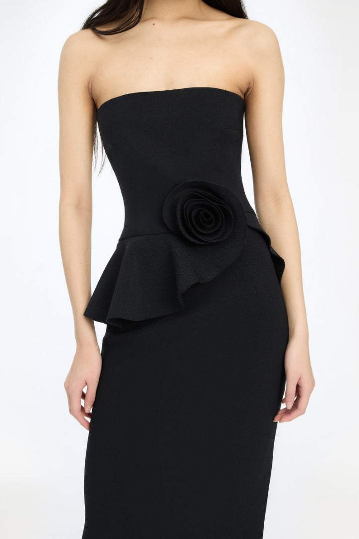 LONG FLOWER STRAPLESS DRESS  Black