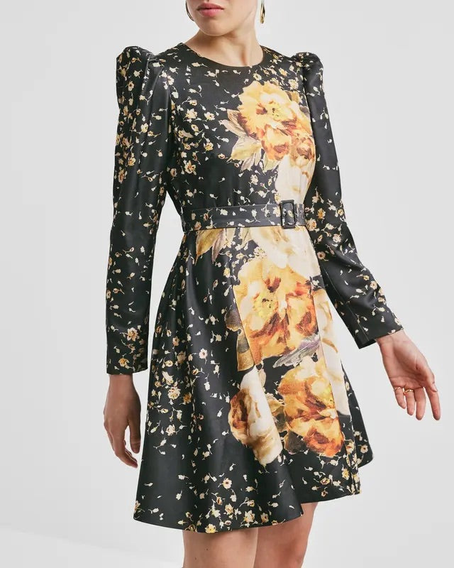 TAILORED SATIN BELT DRESS  Black Rose