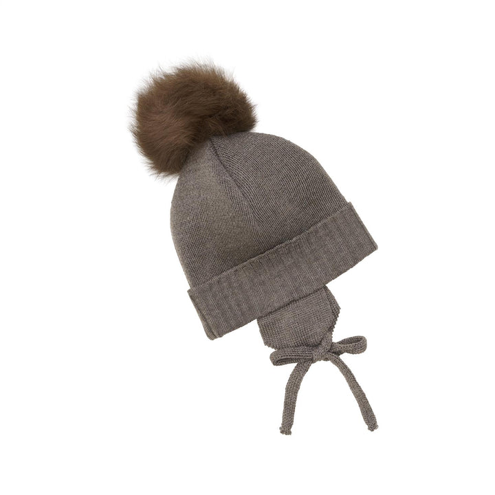 Bonnet Wool Knit Alpaca Pompom  Brown Melange