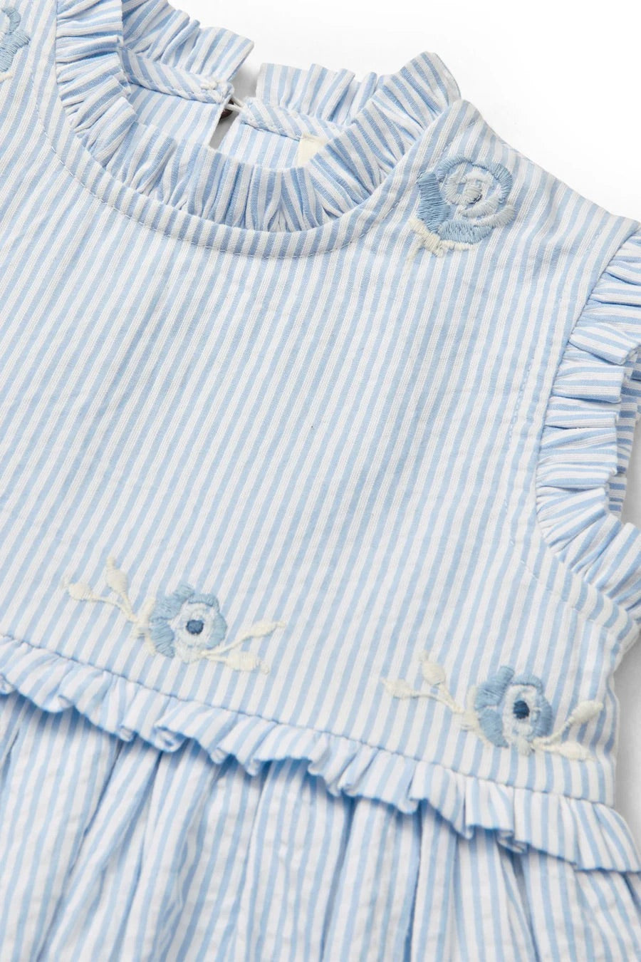 SEERSUCKER DRESS W. RUFFLES AND EMB.  Sky Blue W Cream Stripe