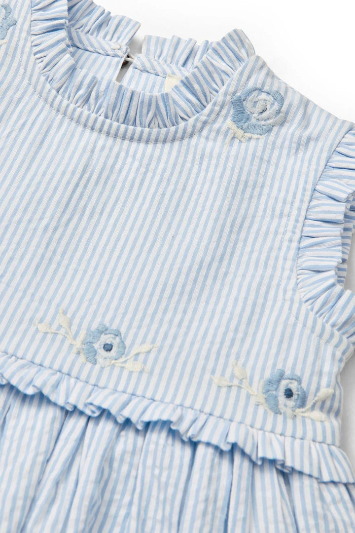 SEERSUCKER DRESS W. RUFFLES AND EMB.  Sky Blue W Cream Stripe