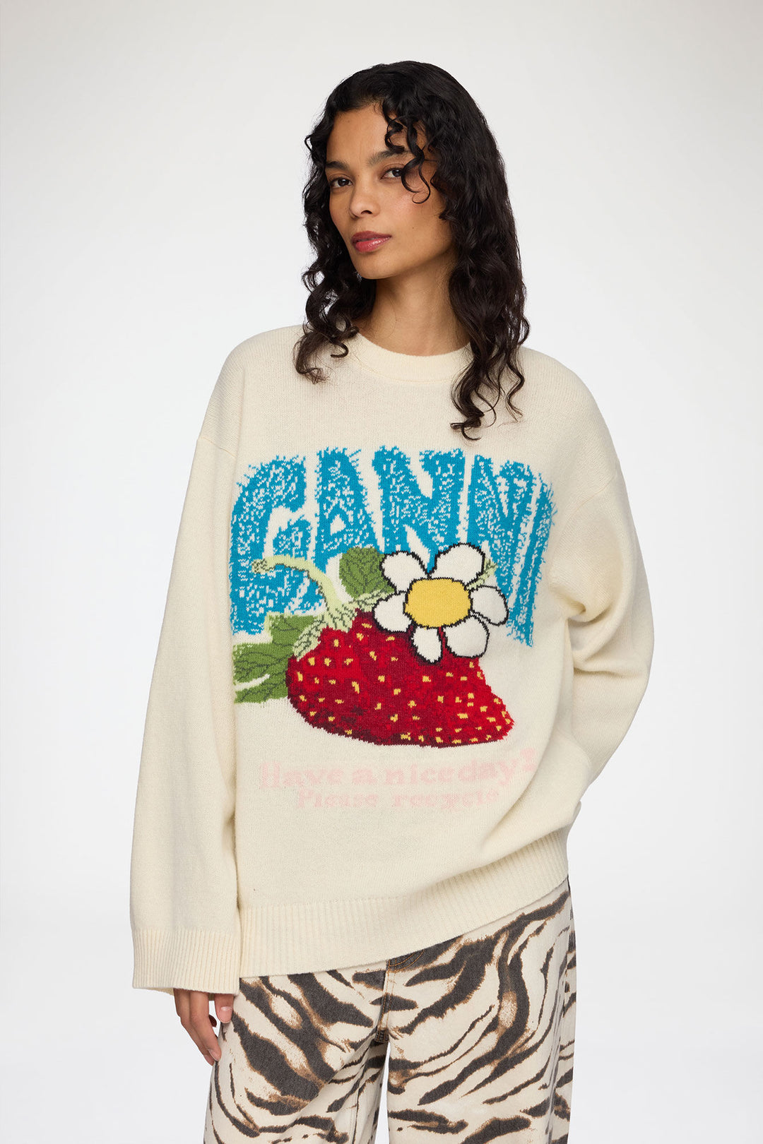Oversized Graphic Wool Mix Sweater  Egret
