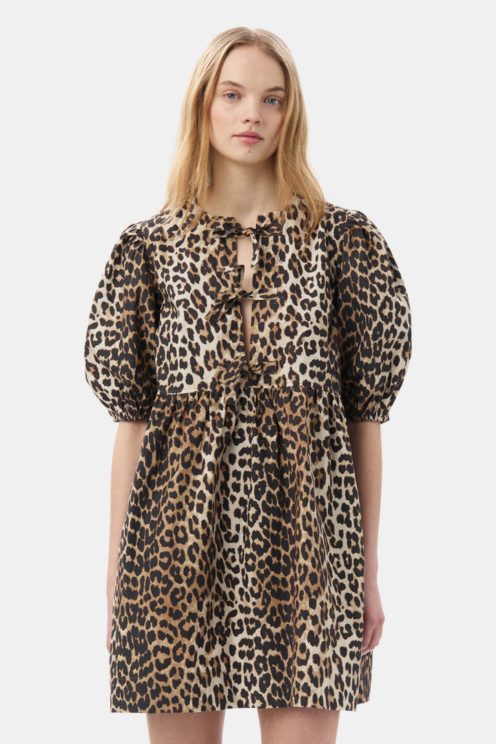 Printed Cotton Tie String Mini Dress  Leopard