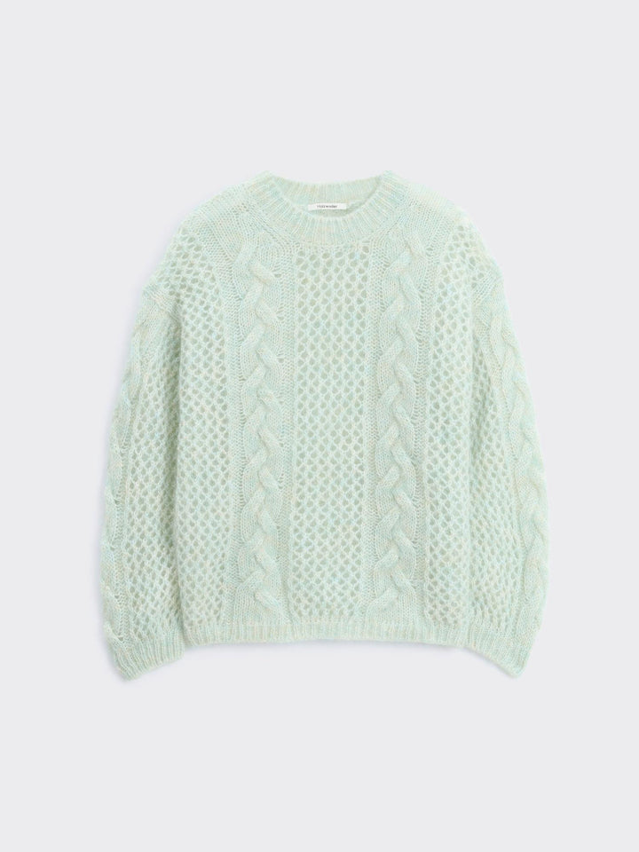 Mohair Cable Knit Crew  Green Mix