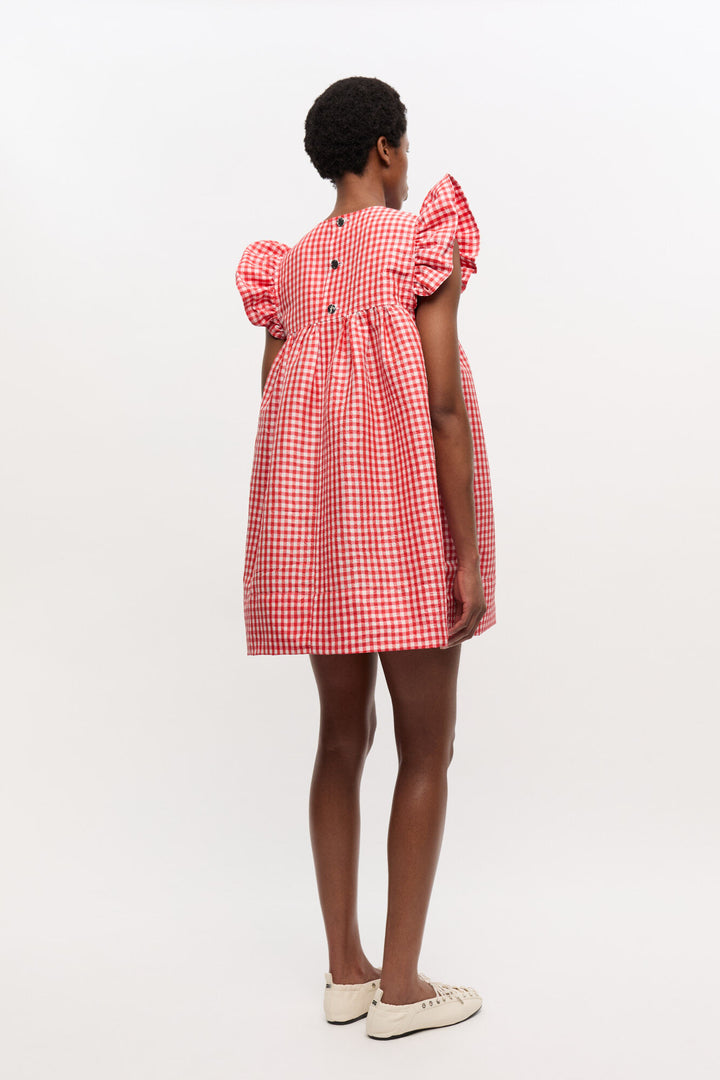 Crinkled Taffeta Check Frill Mini Dress  Red Alert