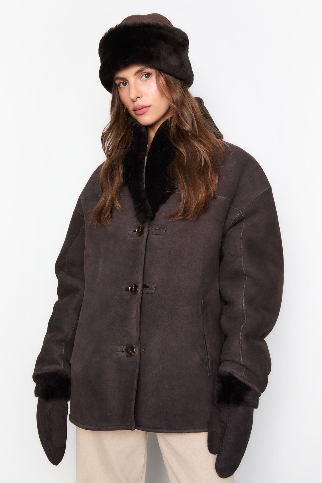 Melli Shearling Jacket  Dark Brown Suede