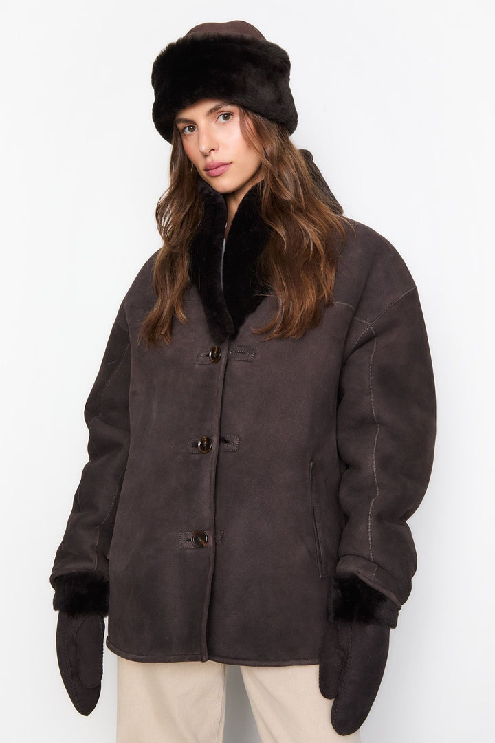 Melli Shearling Jacket  Dark Brown Suede