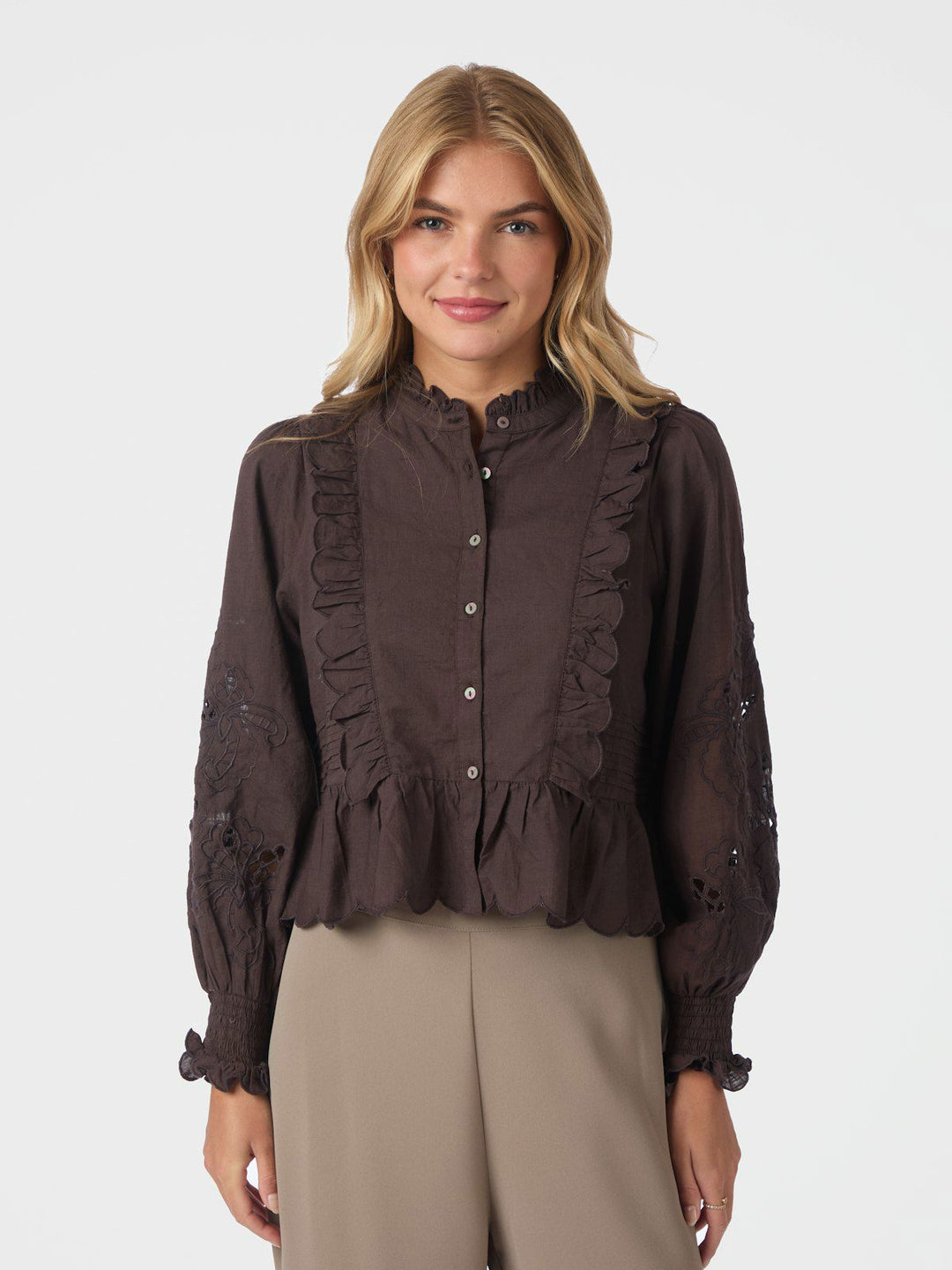 Petrine Embroidery Blouse  Dark Brown