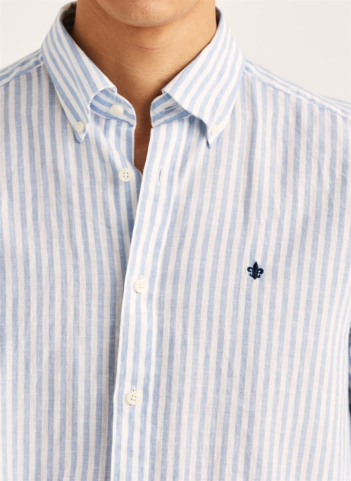 Douglas Linen Stripe Shirt-Classic Fit  Light Blue