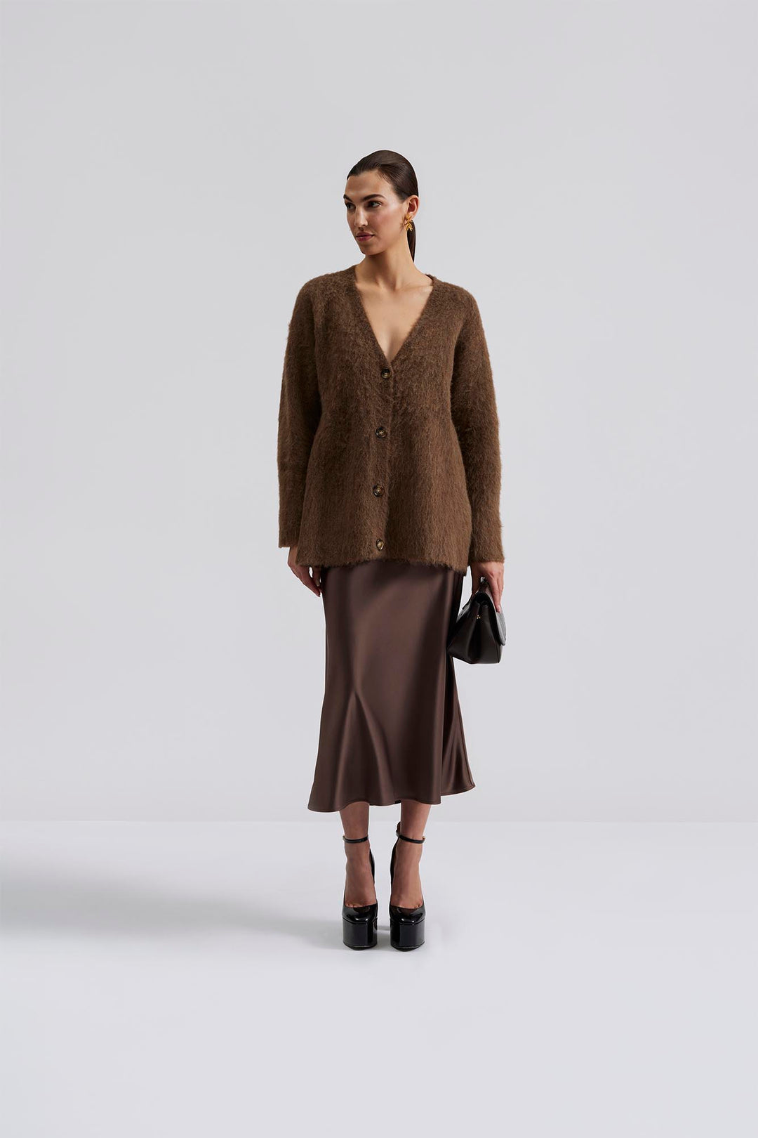 Aubree satin midi skirt  Chocolate