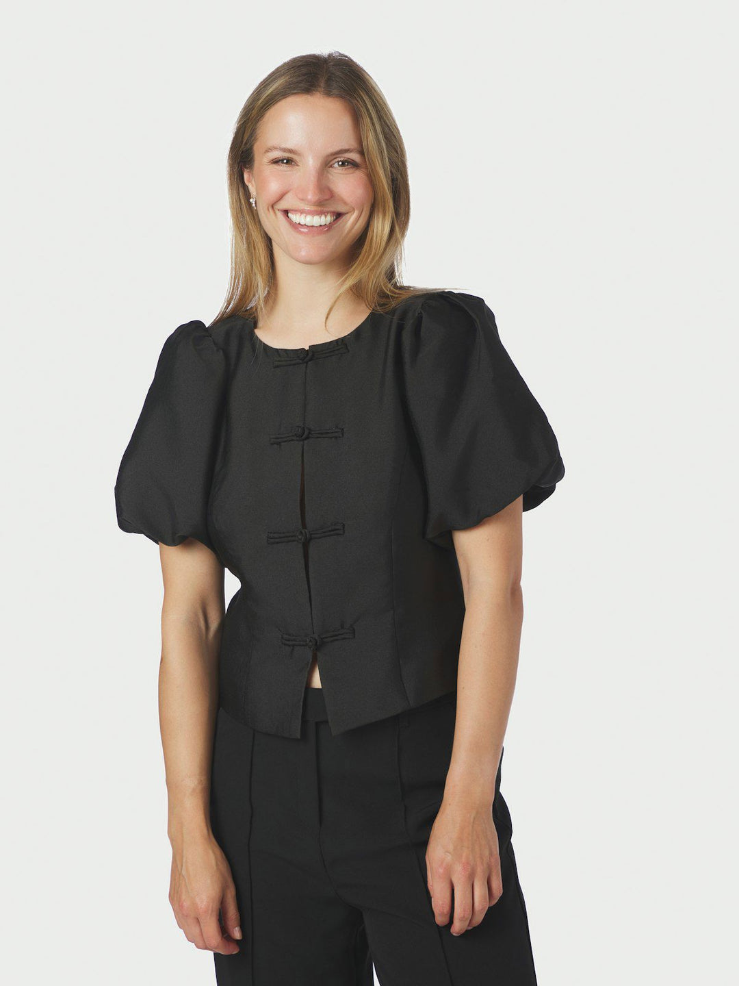 Anela Mandarin Dull Satin Blouse Black