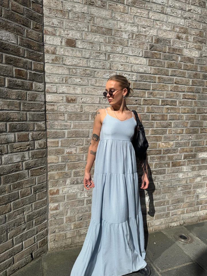 Mari Long Dress  Lt. Blue Checked